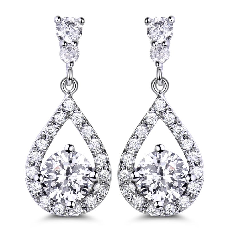 GULICX Dazzling Silver Plated Base Clear Round Cut Flawless CZ Cubic Zirconia Crystal White Drop Earrings - Image 1